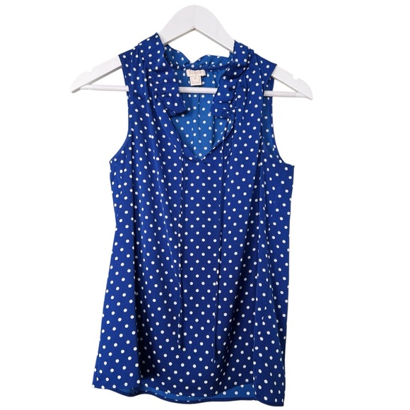 J. CREW FACTORY Polka Dot Ruffle Blouse Sleeveless Style A8174 Blue White Sz 0 - Picture 8 of 13